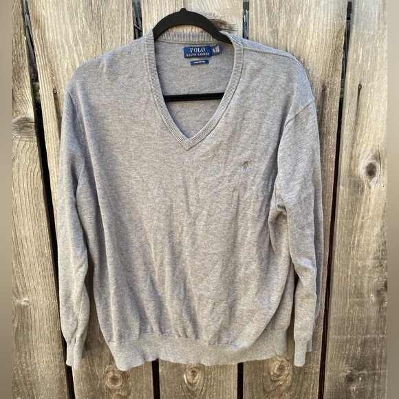 Men's Polo Ralph Lauren Sweatshirt Gray Pony XL V-Neck Cotton Preppy Dad Classic - Picture 1 of 12